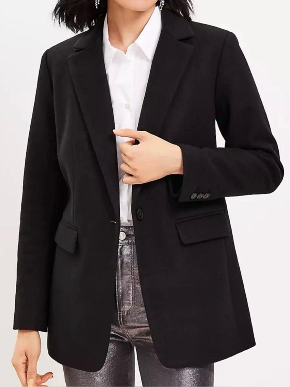 Ann Taylor LOFT Classic Single Button Brushed Long Black Blazer Coat Size 4